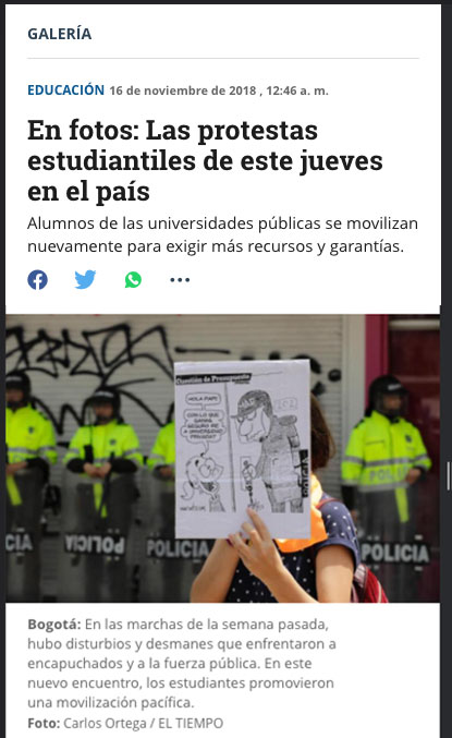 University protests held in Bogotá in 2018. El Tiempo website screenshot